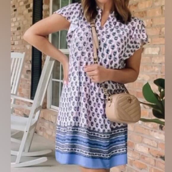 LOFT Border Floral Pleated Ruffle Sleeve Swing Dress S Petite - Picture 2 of 7